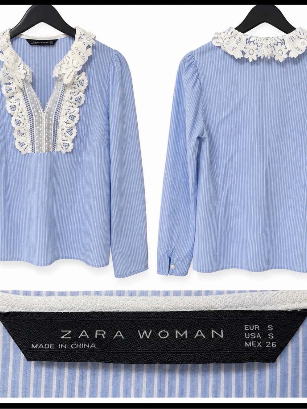 Zara Blue Striped Lace-Trim Long Sleeve Blouse